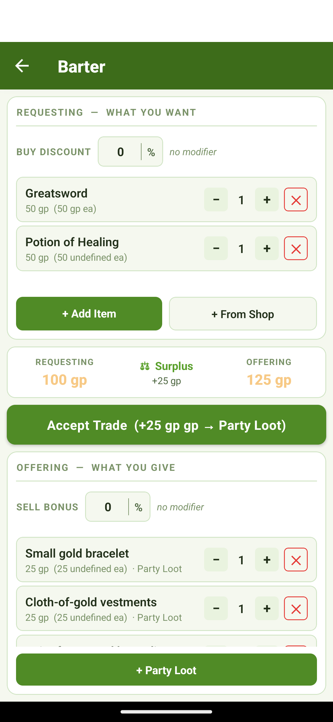 A Barter trade with requesting, offering, and surplus