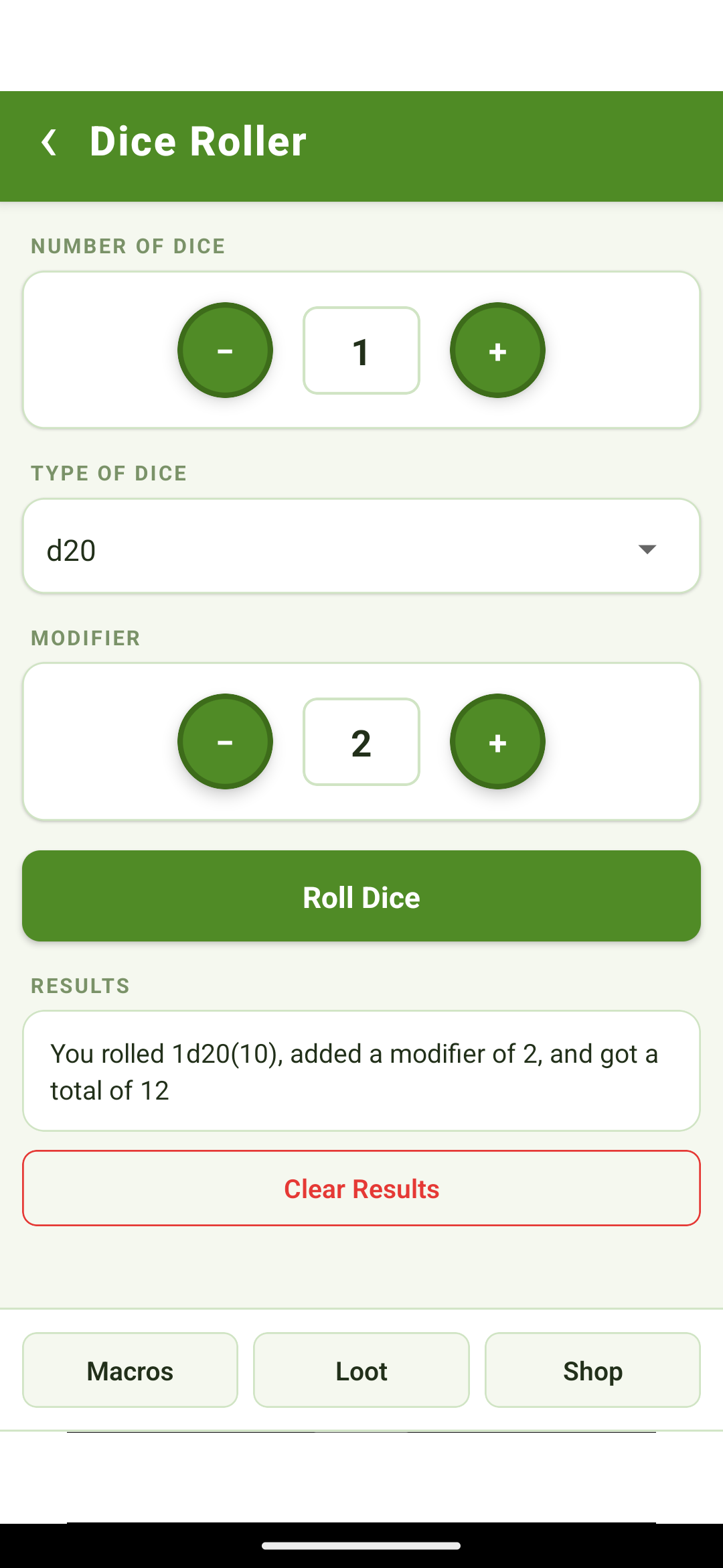 The Dice Roller with a result and running log