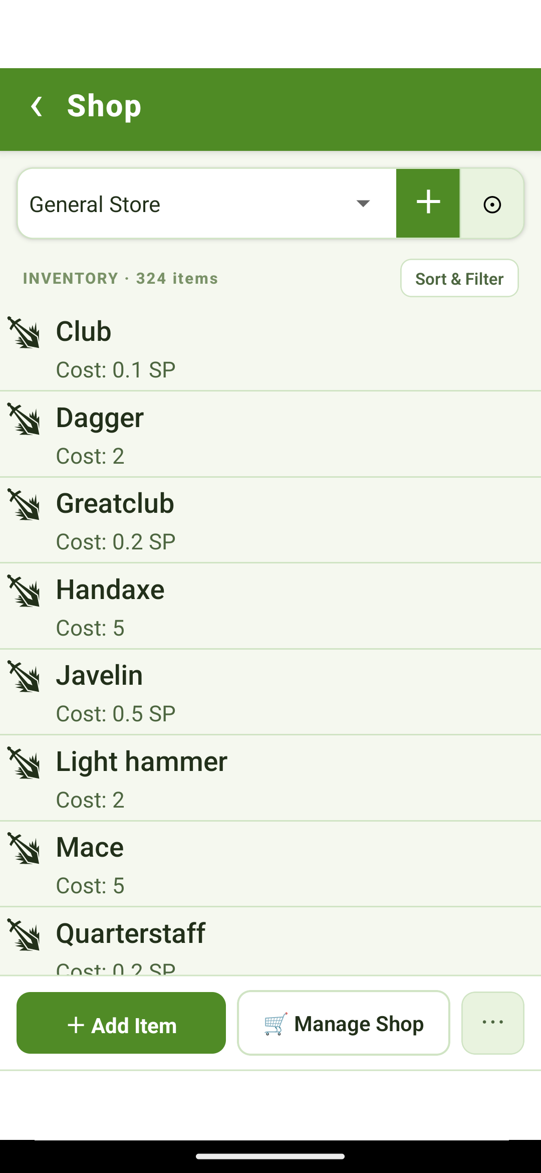 A shop's stocked inventory list