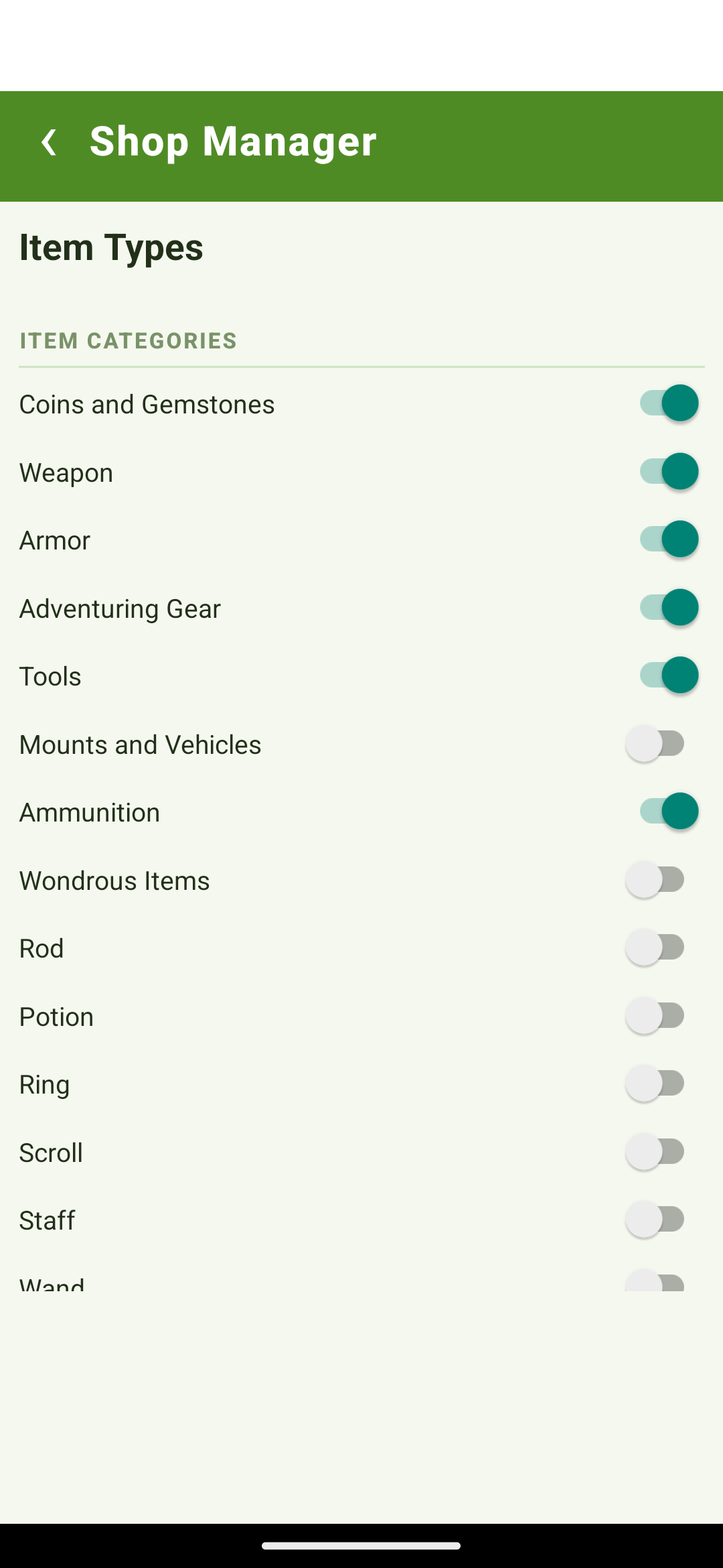 Shop Manager's item type and rarity toggles